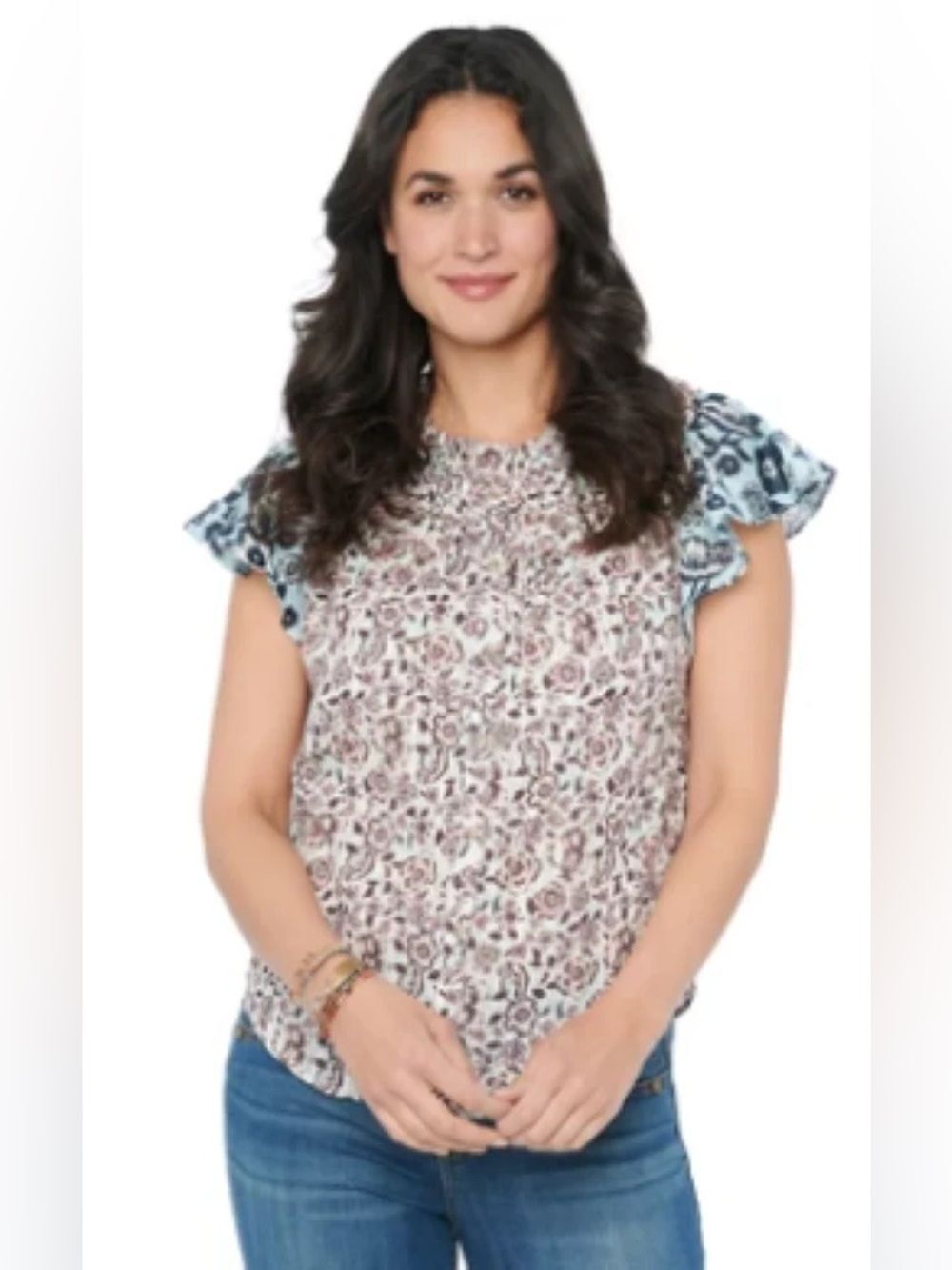 Democracy Floral Print Flutter Short Sleeve Top in Multi-Color Sz XL